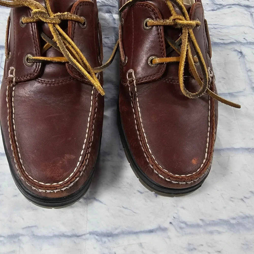 LL Bean Camp Moc Boat Shoes Mens 9.5 W Brown Leather Lug Sole Nautical Handsewn